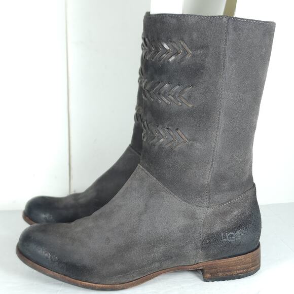 UGG Women's Caylin US 7 Gray Burnished Suede Braided Zip Riding Boots - Picture 2 of 16